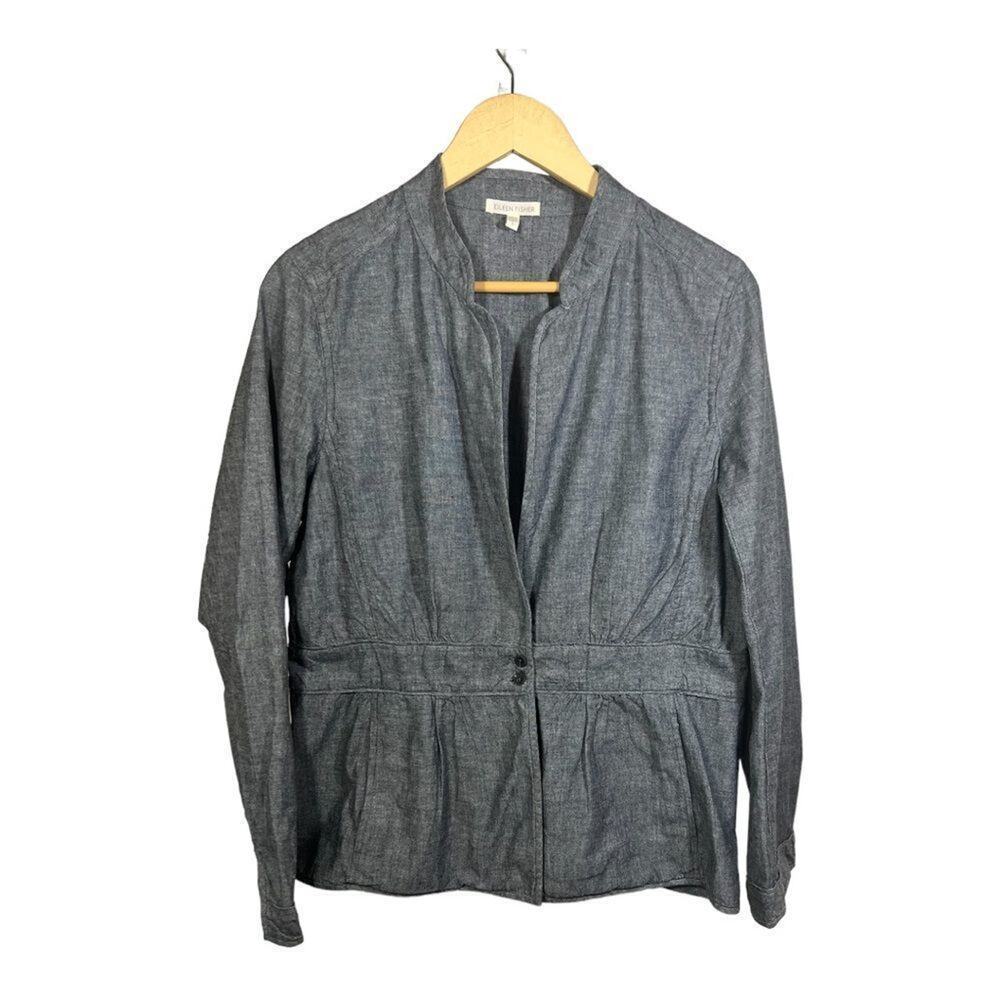 EILEEN FISHER Women’s Cotton Chambry Two Button Closure Blazer/Jacket Gray Large